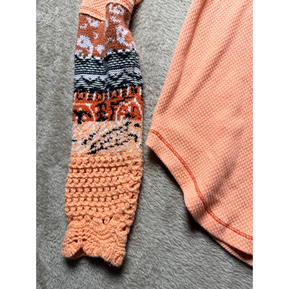 Free People Orange Waffle Knit Thermal Top Crochet Small Boho Western Festival - Picture 2 of 4